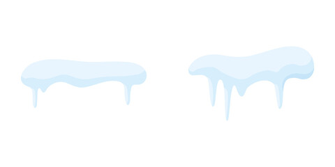 Cold new year, christmas. Winter season background. Snow caps, snowy ice and frozen icicles, vector cartoon icons, isolated on transparent background. Winter Icicles and Snow Caps Illustration Vector.