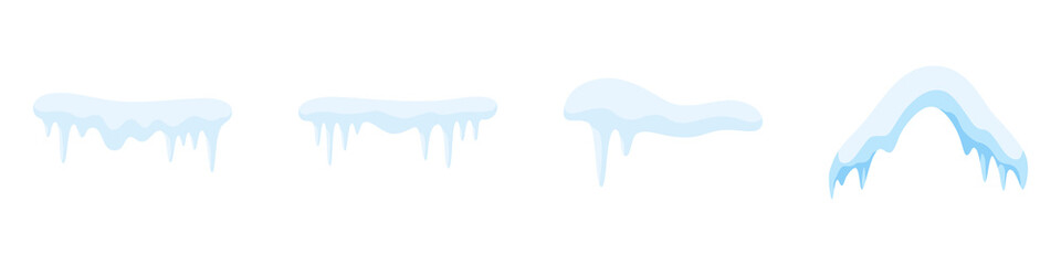 Winter Icicles and Snow Caps Illustration Vector. Winter and cold season decoration vector elements. Snow caps, snowy ice and frozen icicles, vector cartoon icons, isolated on transparent background.