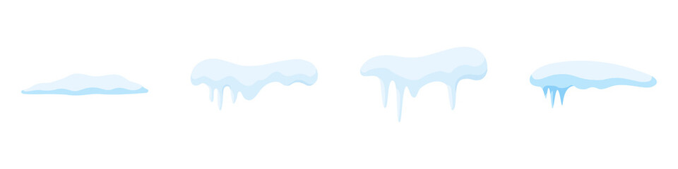 Winter Icicles and Snow Caps Illustration Vector. Winter and cold season decoration vector elements. Snow caps, snowy ice and frozen icicles, vector cartoon icons, isolated on transparent background.
