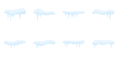 Cold new year, christmas. Winter season background. Snow caps, snowy ice and frozen icicles, vector cartoon icons, isolated on transparent background. Winter Icicles and Snow Caps Illustration Vector.