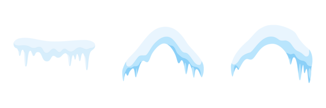 Winter Icicles and Snow Caps Illustration Vector. Winter and cold season decoration vector elements. Snow caps, snowy ice and frozen icicles, vector cartoon icons, isolated on transparent background.