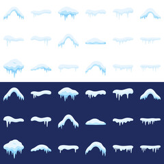 Fototapeta premium Winter Icicles and Snow Caps Illustration Vector. Snow caps, snowy ice and frozen icicles, vector cartoon icons, isolated on transparent background. Winter season background. Cold new year, christmas.