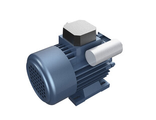 Detailed 3D Rendering of a Modern Blue Electric Motor Housing and Capacitor - Critical Spare Part for High-Performance Heavy-Duty Industrial Equipment, Pumps, Compressor Systems, HVAC, and Machinery