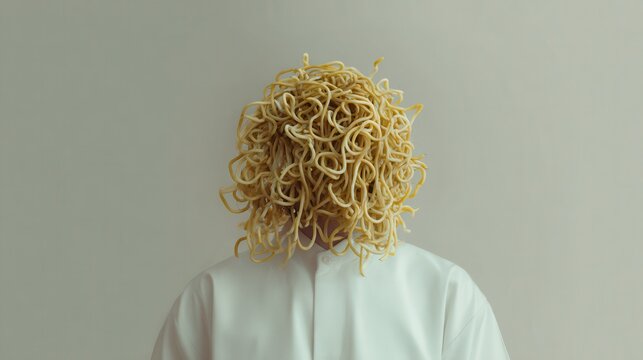 A surreal image of a person with a head made of noodles, blending culinary art and creativity with humor.