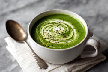 Palak shorba spinach soup with creamy swirl and black pepper garnish in white bowl