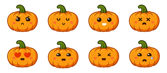 Set of pumpkins with emotions. Cartoon pumpkins with faces. Vector