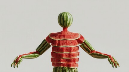 A whimsical figure crafted from watermelon, featuring segmented body parts and an oversized round head, showcasing creativity and playful design.