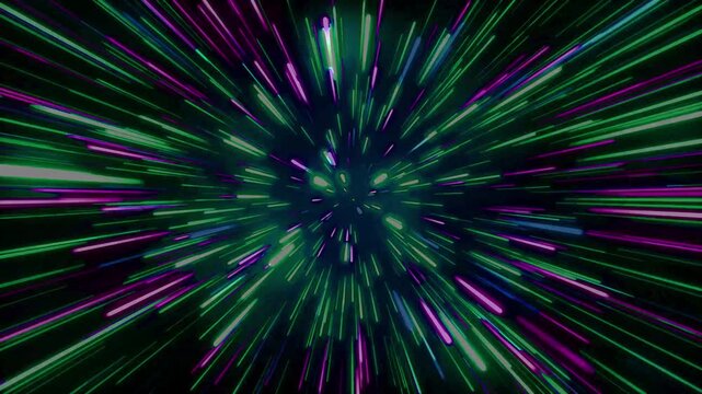 An abstract colorful fractal background features a bright space explosion with shining rays and a vibrant neon glow in shades of purple, blue, and green over a dark backdrop