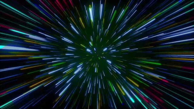Colorful abstract space burst with glowing green and blue rays forming a bright fractal energy background