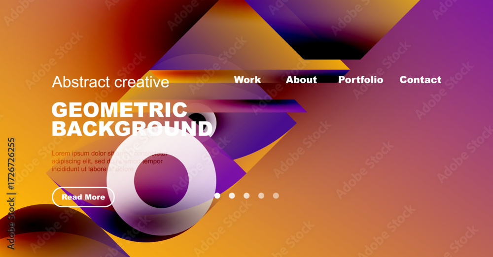 Poster abstract website design features geometric shapes, vibrant colors, text elements, navigation menu, p