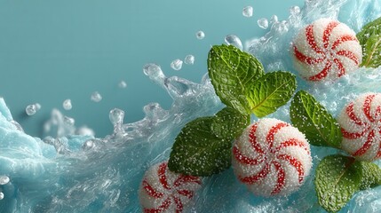 Floating mint leaves and white candies suspended in air