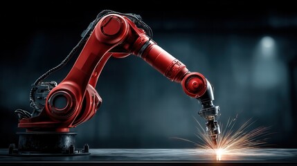 Red robotic arm performing high precision work