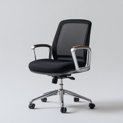 Fototapeta premium Office chair: Ergonomic, black office chair with mesh back, comfortable and stylish, an ideal image to represent professional and modern business