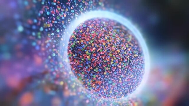 Colorful sphere of tiny, multifaceted particles;  blurry background