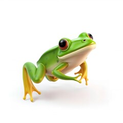 Obraz premium Green frog with large red rimmed eyes and yellow tipped feet on a white background
