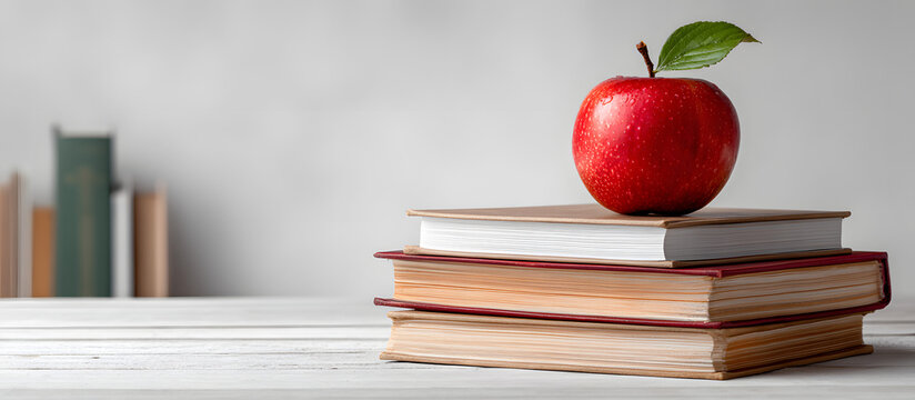 Back to school a stack of books and a red apple on a white table against a white background Remote learning at home Quarantine idea of staying home. Copy space image. Place for adding text and design