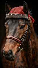 A festive portrait of a horse in a Santa Claus hat, symbolizing the New Year and creating a fabulous Christmas mood.