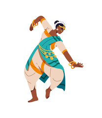 Girl with traditional golden jewelry, sari shows Kuchipudi, Bharatanatyam. Dancer moves in ethnic dance of India. Indian woman in national clothes performs. Flat isolated vector illustration on white