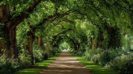 Fototapeta premium Pathway through vibrant green tree tunnel