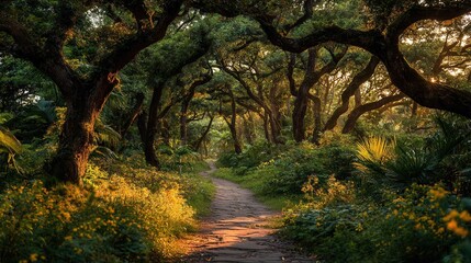 Naklejka premium Pathway through vibrant green tree tunnel