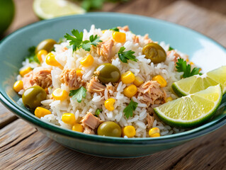 Indulge in this vibrant and flavorful Tuna Rice Salad, a perfect blend of fluffy rice, savory tuna, sweet corn, tangy olives, and zesty lime.  