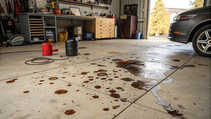 Garage floor stained with oil and grease caused by vehicle maintenance in a residential space