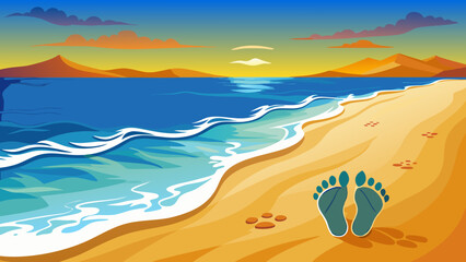 Bare footprints on sandy beach, ocean waves approaching, symbol of freedom, human connection with nature, warm golden shore, peaceful journey, timeless outdoor escape illustration.