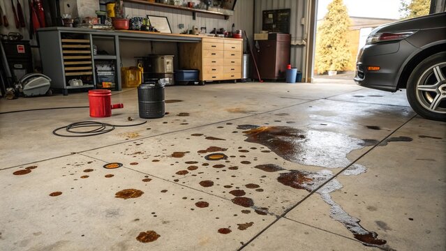 Garage floor stained with oil and grease caused by vehicle maintenance in a residential space