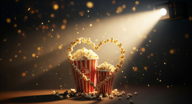 Popcorn heart shape in spotlight with sparkles - Powered by Adobe