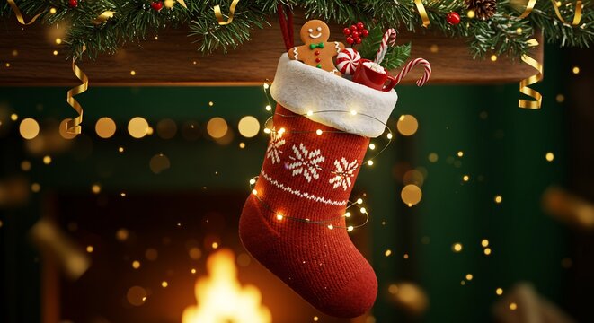 Red Christmas Stocking Filled with Treats Hanging from a Festive Mantelpiece