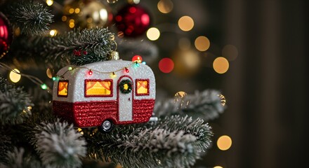 Glittery camper travel trailer Christmas ornament on a frosted pine tree branch with bokeh lights