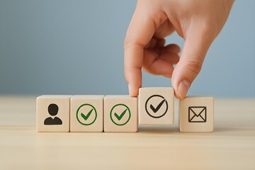 Task verification and communication concept – hand selecting workflow icons for user approval and messaging