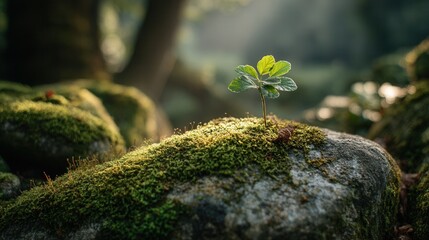 Small seedling emerging in cracks of moss-covered ground