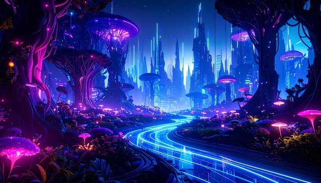 Neon forest road to futuristic city