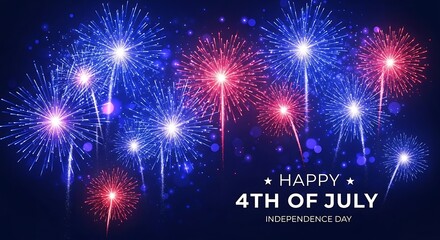 Happy 4th of july independence day celebration with fireworks on dark blue background