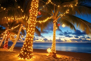 Tropical christmas holiday celebration featuring palm tree decorated with golden string light and festive ornament on sandy beach by serene ocean at sunset.