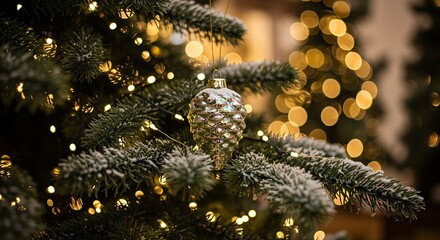 Close-up of a festive Christmas tree branch decorated with a pinecone ornament, faux snow, and warm golden lights