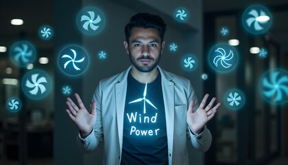 Young Man Promoting Renewable Energy and Wind Power in Modern Office Environment