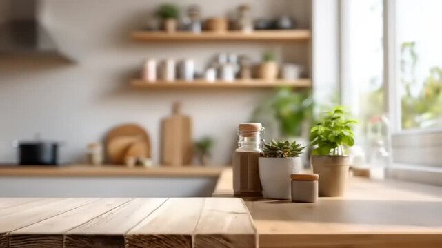 Wooden kitchen table top with blurred background of a bright and airy kitchen.