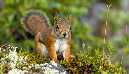 Naklejka premium A curious squirrel pauses, observing its surroundings in a natural, lush setting.
