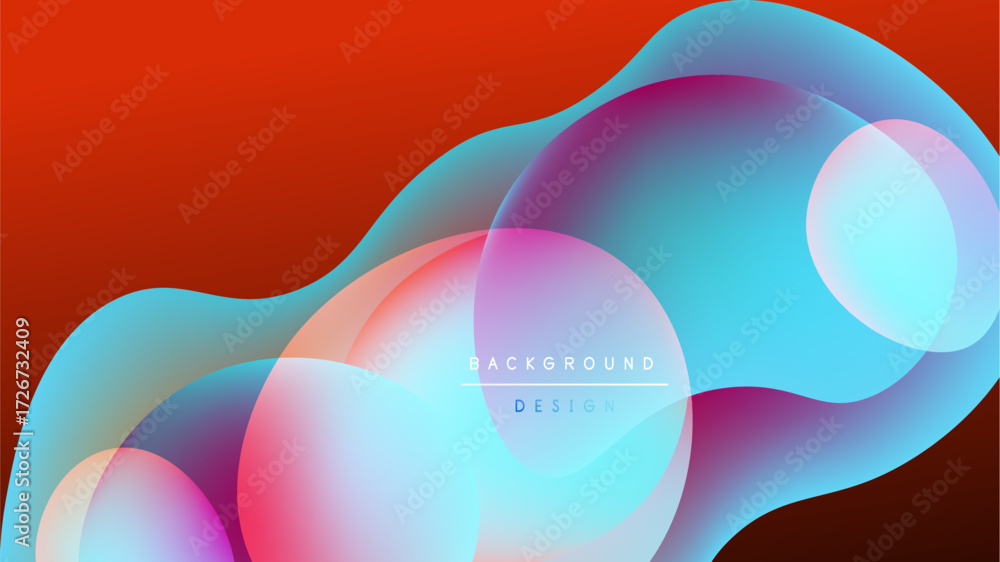 Poster abstract vibrant shapes overlap, creating fluid colorful design. red background contrasts with blue,