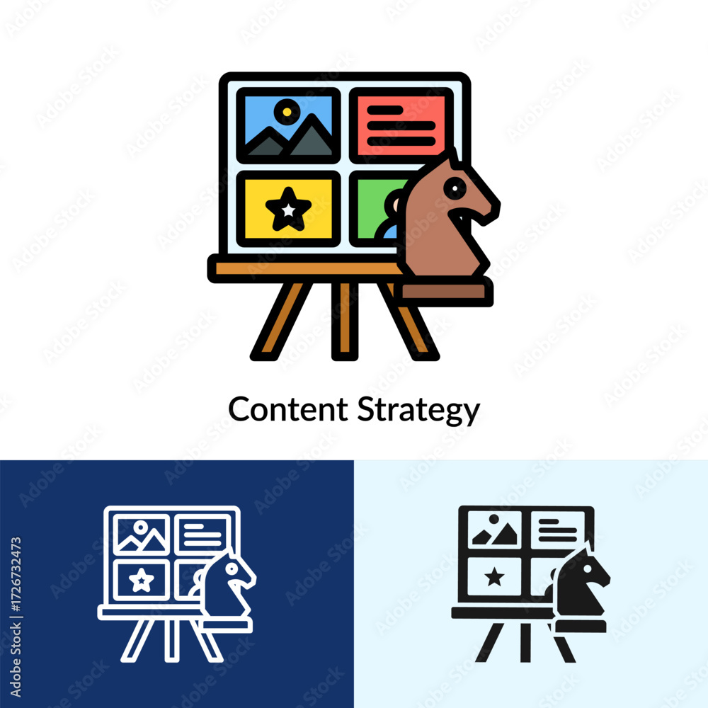 Poster content strategy icon filled collection with multi styles