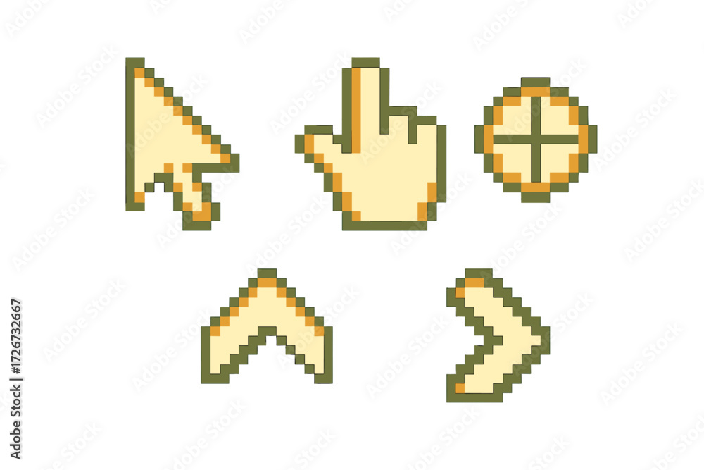 Poster pixelated computer mouse cursors set with arrow, hand, and crosshair for vintage user interface desi