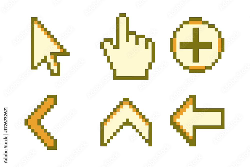 Poster collection of pixel art computer mouse cursors and user interface navigation icons in a retro digita
