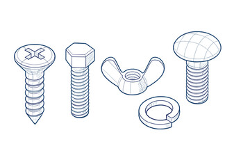 Assortment of metal fasteners including various screws, a bolt, wing nut, and washer for construction and repair