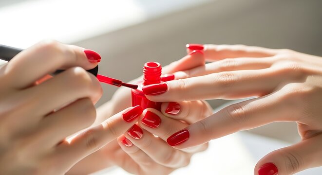 Applying red nail polish