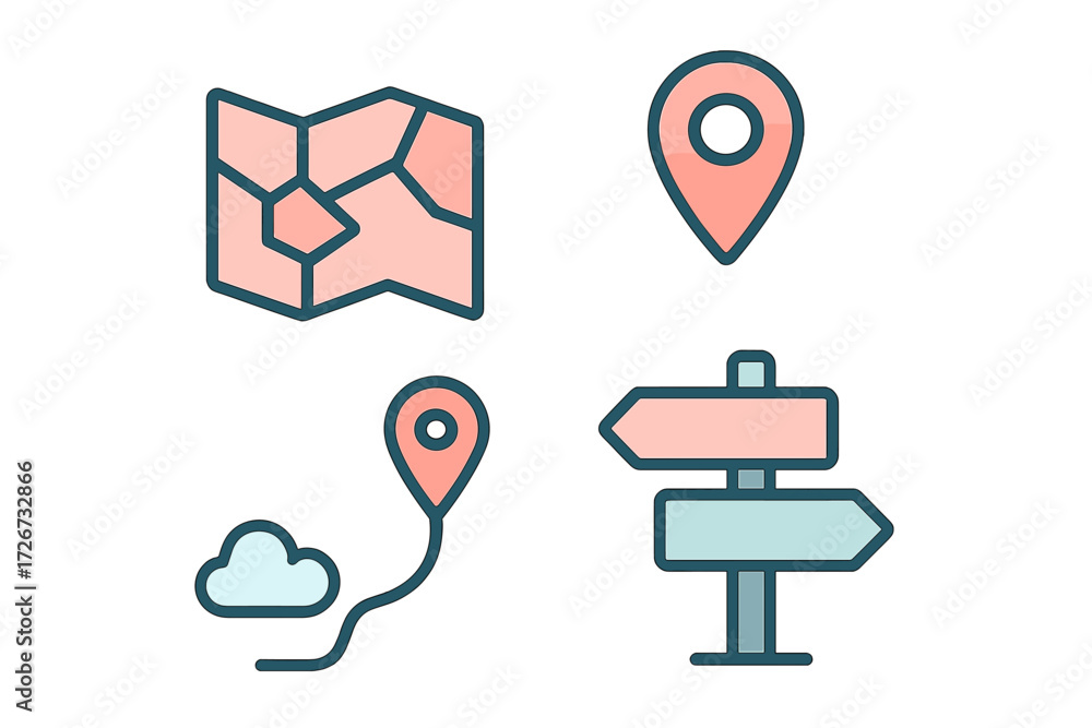 Poster set of navigation icons including a folded map, location pins, a route with a cloud, and a direction