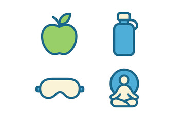 Healthy lifestyle and self-care symbols with apple, water bottle, sleep mask, and meditation for wellness