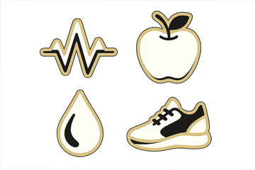 Fitness and healthy lifestyle symbols including heartbeat, fresh apple, water droplet, and athletic shoe