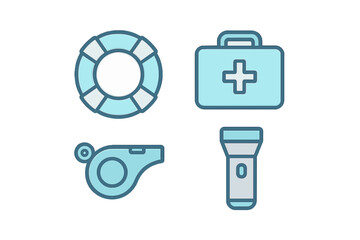 Emergency and safety equipment including lifebuoy, first aid kit, whistle, and flashlight for rescue situations